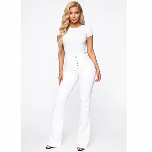 Full body view of a professional model wearing white high-waist button-fly flare jeans.