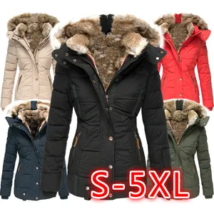 Schlank geschnittener Damen-Wintermantel mit Kapuze und Pelzkragen, Größen S bis 5XL.