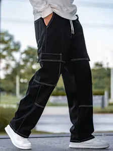 Black straight-leg cargo jeans for men with contrast white stitching and drawstring