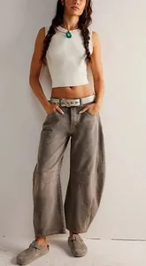 Jeans barrel larghi lavati grigi da donna a vita medio-bassa con cuciture sulle ginocchia