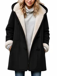 Warmer schwarzer Damen-Wintermantel mit Kapuze, Fleecefutter und Knebelknöpfen