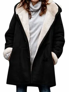 Cozy women's black hooded fleece-lined winter coat with toggle buttons and pockets