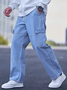 Side view of men's denim cargo pants showing the pocket and drawstring detail