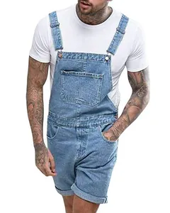 Front view of men's vintage denim overall shorts with classic front pocket design