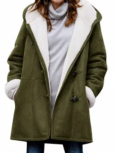 Women's olive green hooded coat with warm sherpa lining and toggle buttons detail