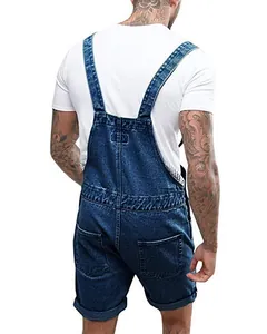 Detailed back view of men's vintage blue denim overall shorts with classic pockets