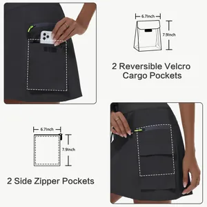 Détails de la jupe cargo de randonnée pour femme avec poches velcro et zippées, dimensions