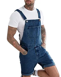 Classic vintage men's denim short overalls with pocket detail in dark wash blue.