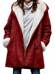 Red women's hooded jacket featuring warm white fleece lining and toggle buttons