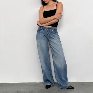 American Retro Women Low Waist Non-Stretch Washed Straight Leg Jeans Autumn Streetwear Wide Leg Cotton Denim Trousers