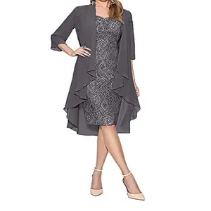 Elegant two-piece grey lace dress set with a matching long chiffon jacket worn by model