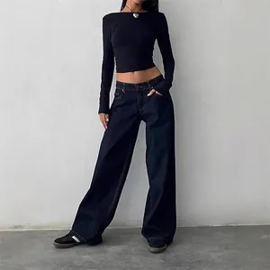 Women's American retro low-waist straight-leg jeans in dark wash denim streetwear
