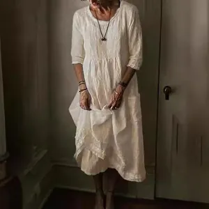 Vestito Lungo Maxi Casual da Donna Con Tasche Tinta Unita Girocollo Manica Corta in Poliestere Vestito Vintage Elegante