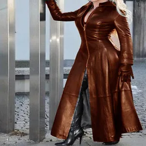 Elegant long brown PU leather coat with front zipper and matching gloves for women
