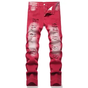 Jeans slim fit rosso acceso da uomo con dettagli strappati e lavaggio bianco di qualità