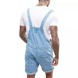 Back view of vintage men's light blue denim overall shorts with classic pockets.