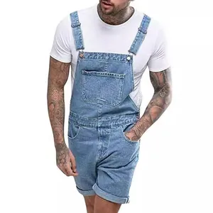 Retro light blue men's denim overall shorts featuring classic chest pocket and rolled hem
