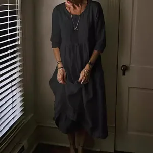 Elegante abito lungo casual in cotone e lino a tinta unita con tasche laterali per donne chic