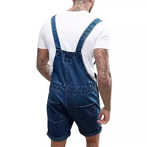 Back view of men's vintage dark blue denim overall shorts with white t-shirt