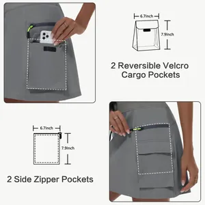 Vue détaillée de la jupe cargo de randonnée avec grandes poches zippées et velcro