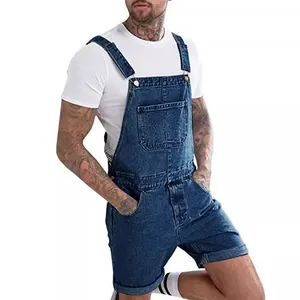 Vintage men's denim short overalls jumpsuit with classic bib and pocket details