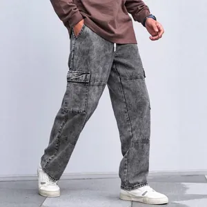 Men's stylish gray acid wash paneled straight-leg cargo jeans with adjustable drawstring waist