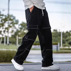 Men's black straight-leg cargo jeans with contrast white stitching and drawstring waist.