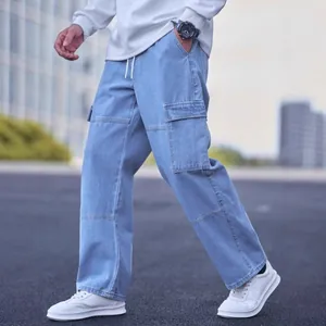 Men's light blue straight leg denim cargo pants featuring side pockets and drawstring