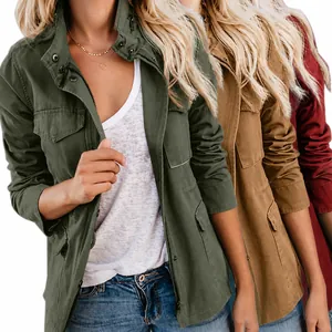 Women's slim-fit multi-pocket utility jacket in olive green, brown, and burgundy red colors