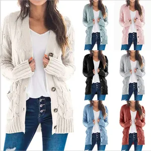 Women's mid-length cable knit cardigan with buttons shown in multiple colors