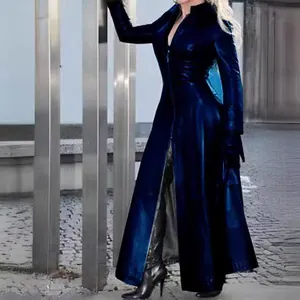 Extra lange PU-leren trenchcoat met opstaande kraag en metallic blauwe finish