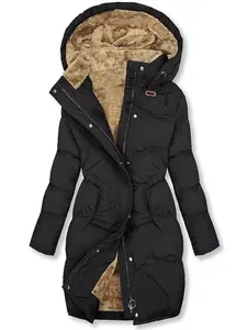 Abrigo de invierno negro para mujer con forro de felpa cálido y diseño con capucha