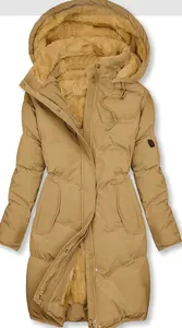 Chaqueta acolchada cálida de mujer en camello con forro polar grueso y capucha grande