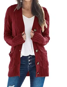 Close-up of a women's burgundy cable-knit long cardigan with buttons and pockets.