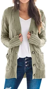 Detail shot of a women's olive green cable-knit cardigan with large pockets and buttons
