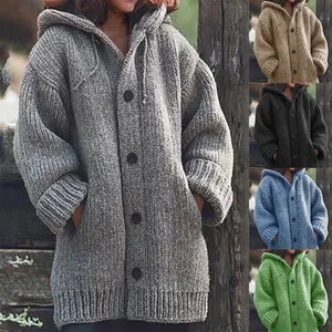 Women's chunky knit hooded cardigan sweater with buttons and pockets in multiple colors