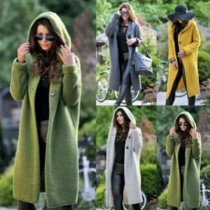 Damen Grobstrick Strickjacke mit Kapuze Locker Mittellang Baumwollmischung Pullover Jacke Langarm Knopf Vorne Offen Mantel