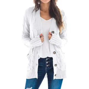 Close-up detail of a white cable-knit mid-length cardigan with buttons and pockets
