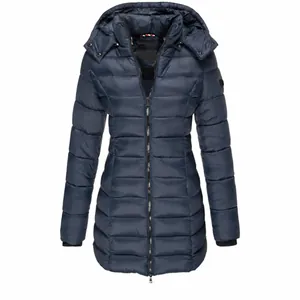 Damen mittellange Kapuzen-Steppjacke in Marineblau mit praktischem Reißverschluss