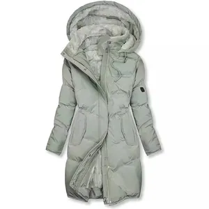 Long sage green hooded puffer coat for women with warm faux fur lining and deep pockets