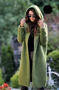 Elegant long green hooded knitted cardigan for women displayed in a scenic outdoor setting