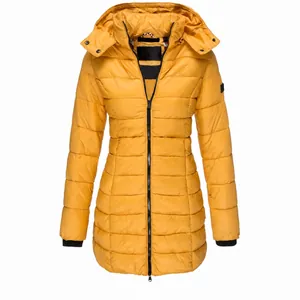 Leuchtend gelbe mittellange Steppjacke mit Kapuze und Reißverschluss für Damen