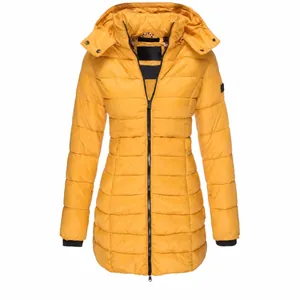 Leuchtend gelbe mittellange Steppjacke mit Kapuze und Reißverschluss für Damen