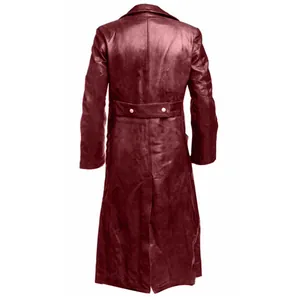 Detailed back view of men's retro burgundy leather long coat with waist button decoration
