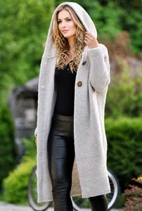 Stylish long hooded chunky knit cardigan sweater for women in a neutral beige color