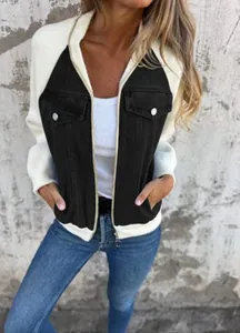 Giacca bomber patchwork in denim da donna trendy con maniche bianche e tasche