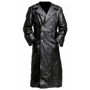 Detailed front view of a men's vintage double-breasted long black leather trench coat jacket.