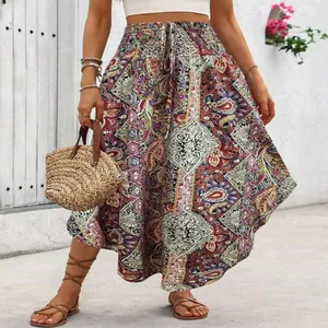 Damen Maxi-Rock im Bohemian-Stil mit Ethno-Print, hoher Taille und A-Linien-Silhouette, Vintage