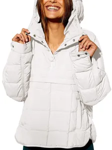 Casual white hooded pullover quilted jacket with rounded hem for women in solid fashion style