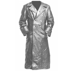 Close-up of vintage medieval style men's long leather coat with double-breasted design.